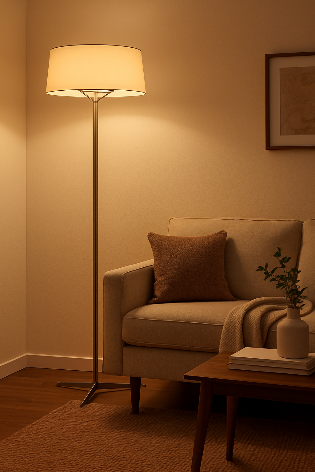 Minimalistyczna lampa podłogowa z okrągłym materiałowym kloszem – Nowoczesne oświetlenie do salonu