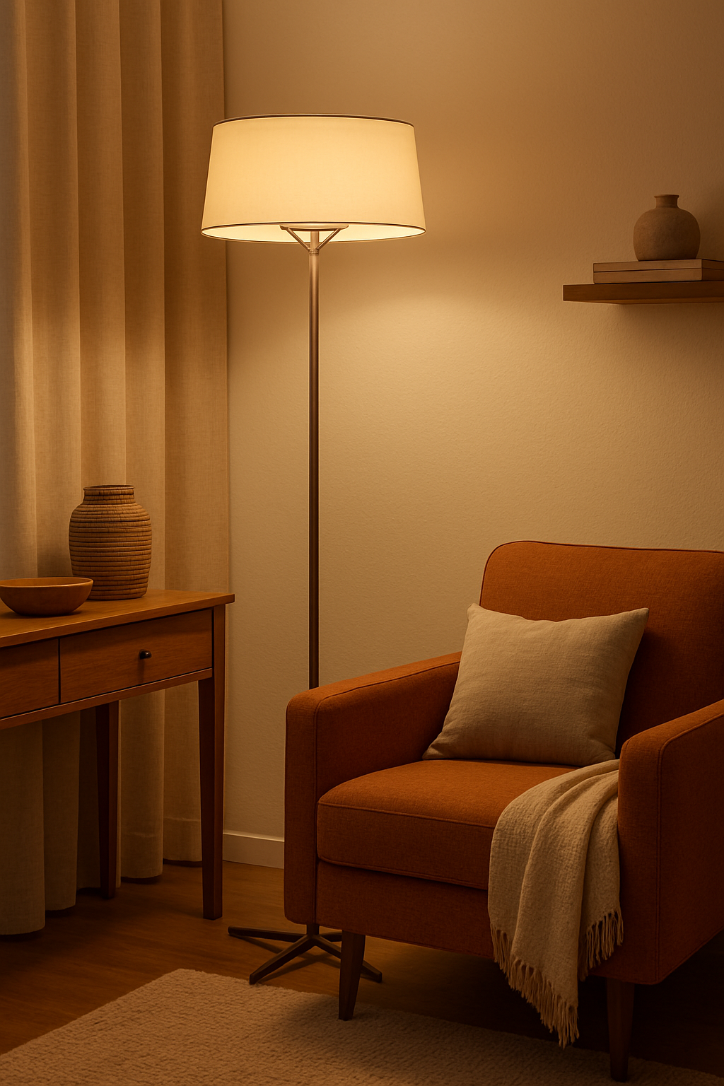 Minimalistyczna lampa podłogowa z okrągłym materiałowym kloszem – Nowoczesne oświetlenie do salonu