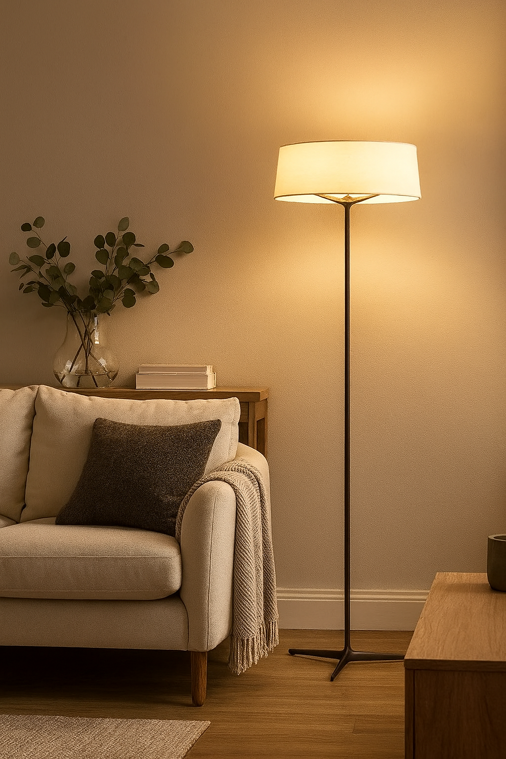 Minimalistyczna lampa podłogowa z okrągłym materiałowym kloszem – Nowoczesne oświetlenie do salonu