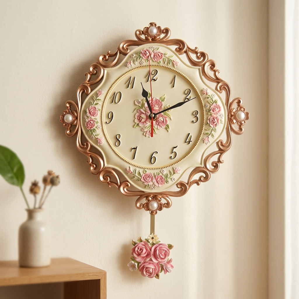 Zegar Ścienny z Wahadłem do Salonu | Kwiatowy