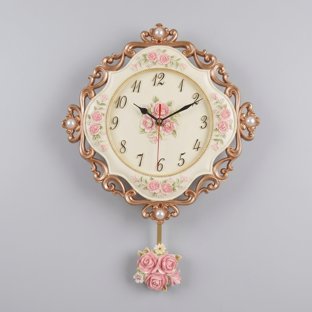Zegar Ścienny z Wahadłem do Salonu | Kwiatowy