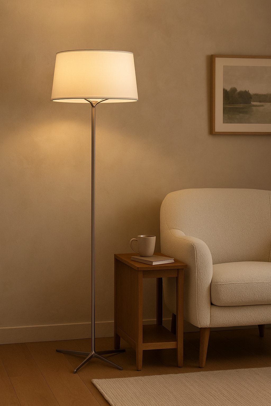 Minimalistyczna lampa podłogowa z okrągłym materiałowym kloszem – Nowoczesne oświetlenie do salonu