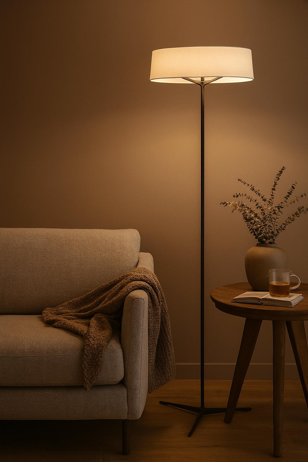 Minimalistyczna lampa podłogowa z okrągłym materiałowym kloszem – Nowoczesne oświetlenie do salonu