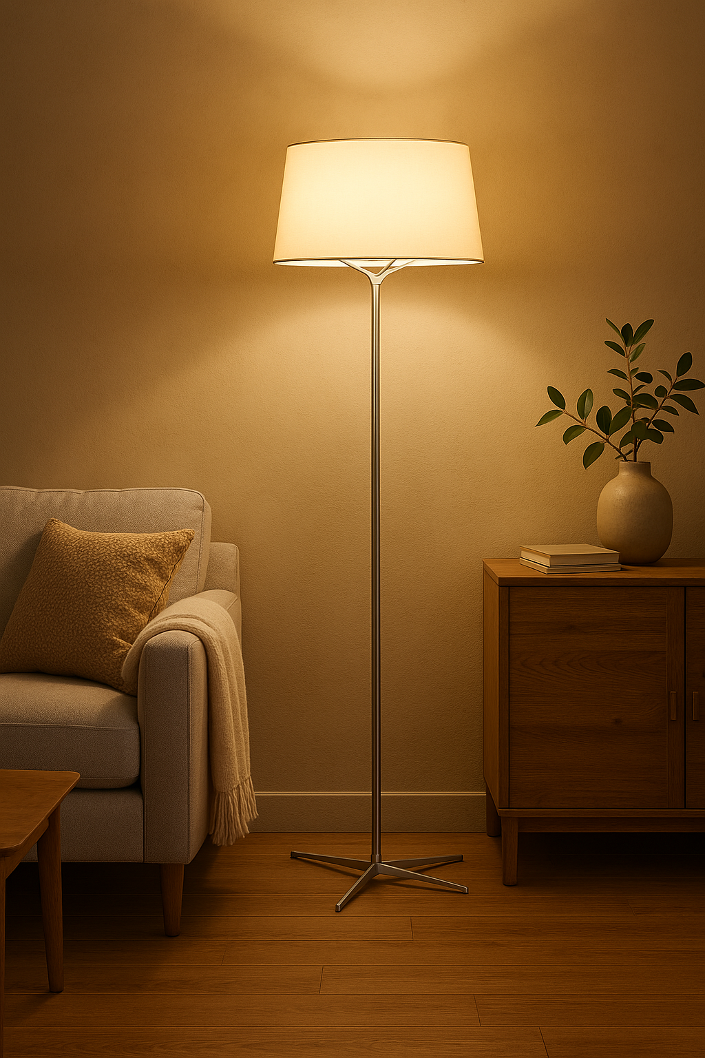 Minimalistyczna lampa podłogowa z okrągłym materiałowym kloszem – Nowoczesne oświetlenie do salonu