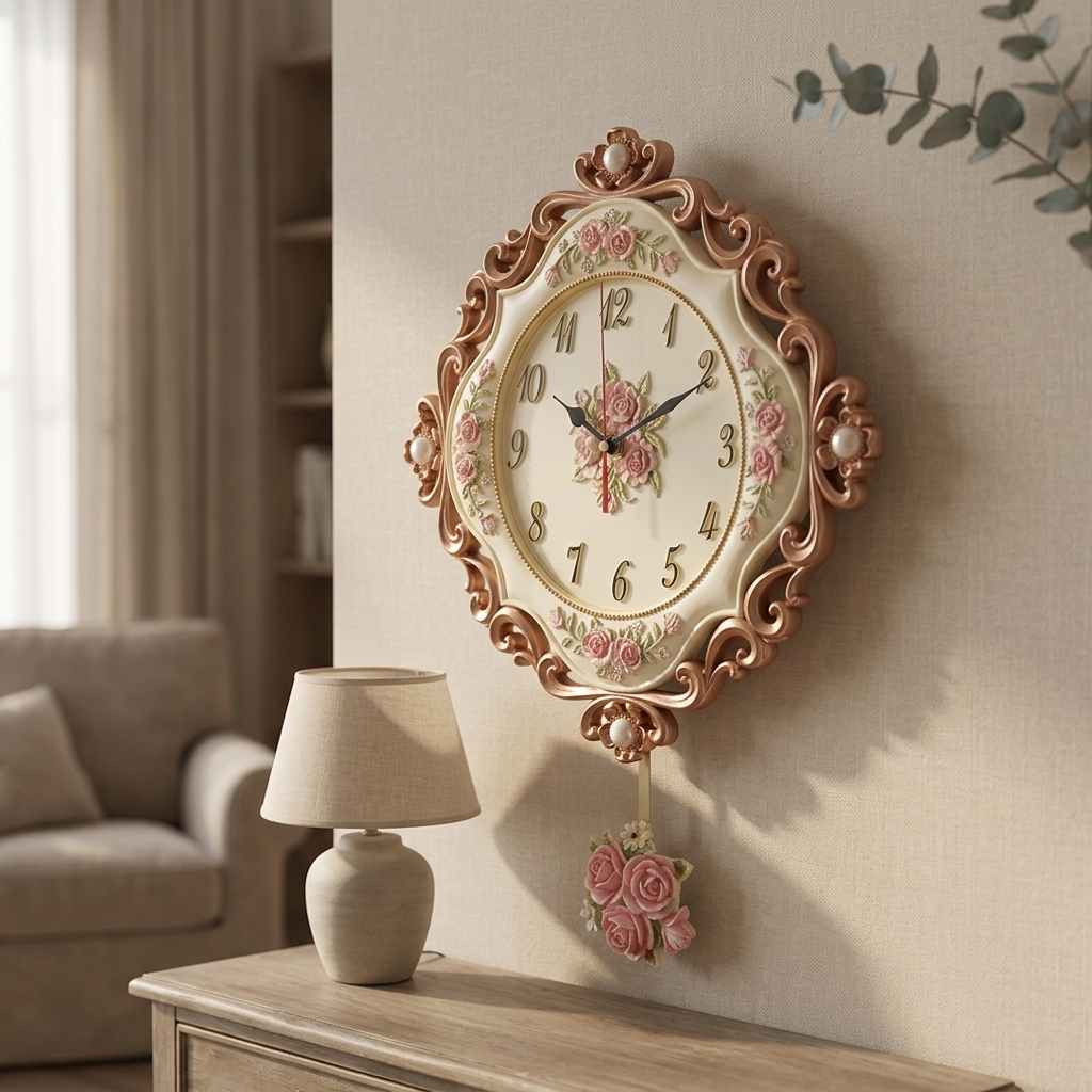 Zegar Ścienny z Wahadłem do Salonu | Kwiatowy