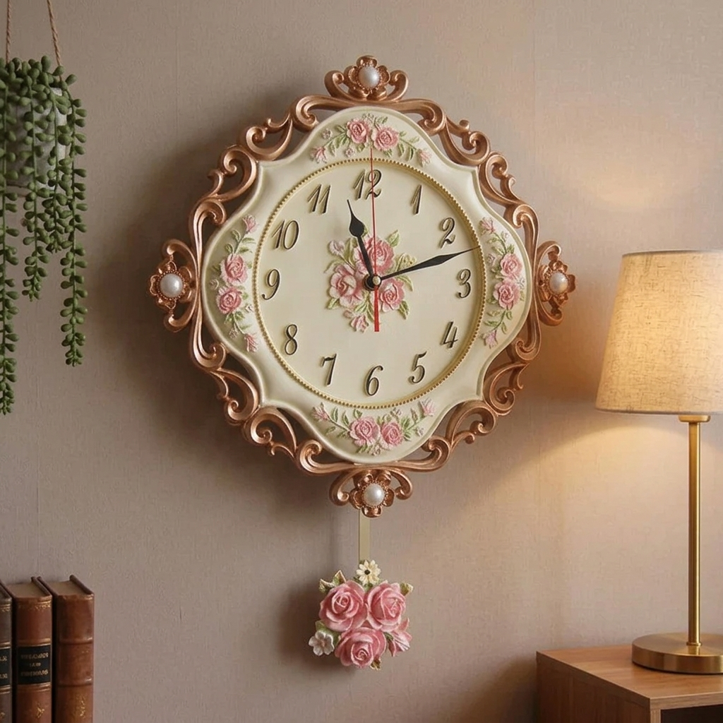 Zegar Ścienny z Wahadłem do Salonu | Kwiatowy